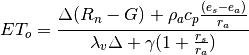 E{T_o} = \frac{{\Delta ({R_n} - G) + {\rho _a}{c_p}\frac{{({e_s} - {e_a})}}{{{r_a}}}}}{{{\lambda _v}\Delta  + \gamma (1 + \frac{{{r_s}}}{{{r_a}}})}}