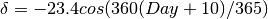 \delta = -23.4 cos(360 (Day + 10 )/365)
